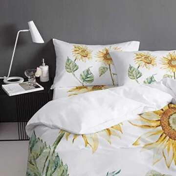 Funy Decor Watercolor Bedding Set,Alluring Sunflowers Summer Inspired Design Agriculture,4 Piece Duvet Cover Set Bedspread for Childrens/Kids/Teens/Adults,Earth Yellow Pale Yellow Fern Green Full Size