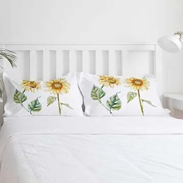 Funy Decor Watercolor Bedding Set,Alluring Sunflowers Summer Inspired Design Agriculture,4 Piece Duvet Cover Set Bedspread for Childrens/Kids/Teens/Adults,Earth Yellow Pale Yellow Fern Green Full Size