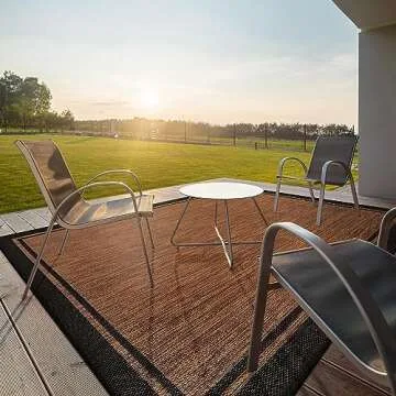 CAMILSON Indoor Outdoor Rug, 5x7 Bordered Nut Brown Black Modern Area Rugs for Indoor and Outdoor Patios, Kitchen and Hallway Mats, Washable Porch Deck Outside Carpet (Bordered Nut Brown Black, 5x7)
