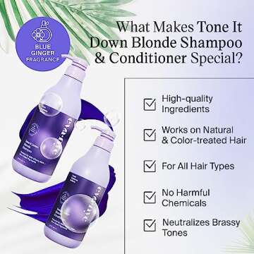 Eva NYC Tone It Down Blonde Shampoo and Conditioner Set, Moisturizing Purple Shampoo and Conditioner for Eliminating Brassy & Yellow Tones, Vegan Hair Shampoo and Conditioner, Pack of 2, 1L