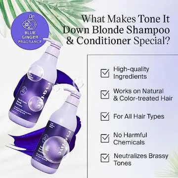 Eva NYC Tone It Down Blonde Shampoo and Conditioner Set, Moisturizing Purple Shampoo and Conditioner for Eliminating Brassy & Yellow Tones, Vegan Hair Shampoo and Conditioner, Pack of 2, 1L
