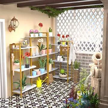 Gezen 6-Tier Ajustable Bookshelf Modern Wood Bookcase for Home Office, Open Standing Shelf with Metal Frame, Wood and Metal Book Shelf Storage Organizer for Living room/Study room/Bedroom(White, Gold)