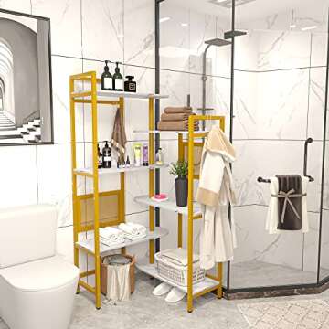 Gezen 6-Tier Ajustable Bookshelf Modern Wood Bookcase for Home Office, Open Standing Shelf with Metal Frame, Wood and Metal Book Shelf Storage Organizer for Living room/Study room/Bedroom(White, Gold)