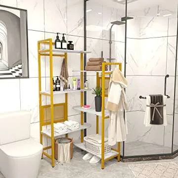 Gezen 6-Tier Ajustable Bookshelf Modern Wood Bookcase for Home Office, Open Standing Shelf with Metal Frame, Wood and Metal Book Shelf Storage Organizer for Living room/Study room/Bedroom(White, Gold)