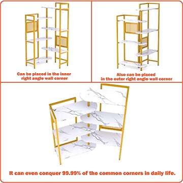 Gezen 6-Tier Ajustable Bookshelf Modern Wood Bookcase for Home Office, Open Standing Shelf with Metal Frame, Wood and Metal Book Shelf Storage Organizer for Living room/Study room/Bedroom(White, Gold)