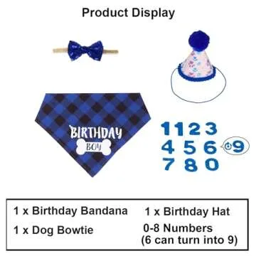 ADOGGYGO Dog Birthday Party Supplies, Pet Birthday Hat with Numbers, Plaid Birthday Boy Bandana and Bow Set for Medium Large Dogs (Large)