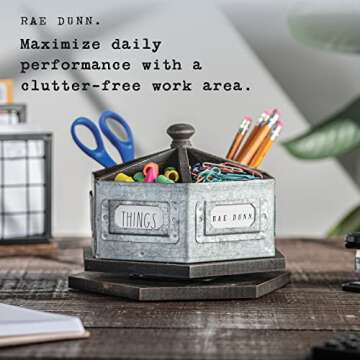 Rae Dunn by Designstyles Rotating Decorative Organizer – Steel Desktop Stationary Spinner Holder - 6 Compartment Table, Dresser and Counter Top Pen and Pencil Cup - Office, Home and Art Supplies