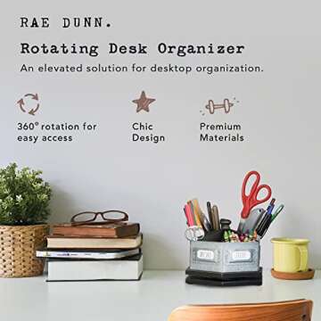 Rae Dunn by Designstyles Rotating Decorative Organizer – Steel Desktop Stationary Spinner Holder - 6 Compartment Table, Dresser and Counter Top Pen and Pencil Cup - Office, Home and Art Supplies