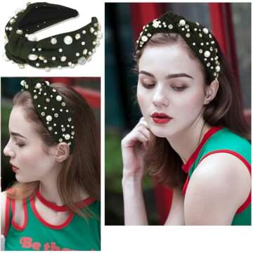 Atoden Pearl Headband Knotted Rhinestone Headbands Wide Top Knot Headbands Beaded Headband Jeweled Head Bands for Women's Hair Crystal Embellished Headbands Womens Girls Hair Accessories Dark Green