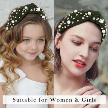 Atoden Pearl Headband Knotted Rhinestone Headbands Wide Top Knot Headbands Beaded Headband Jeweled Head Bands for Women's Hair Crystal Embellished Headbands Womens Girls Hair Accessories Dark Green