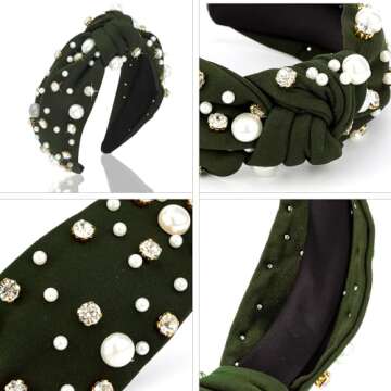 Atoden Pearl Headband Knotted Rhinestone Headbands Wide Top Knot Headbands Beaded Headband Jeweled Head Bands for Women's Hair Crystal Embellished Headbands Womens Girls Hair Accessories Dark Green
