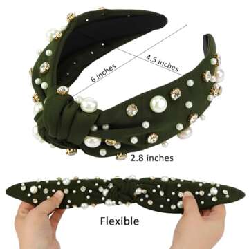 Atoden Pearl Headband Knotted Rhinestone Headbands Wide Top Knot Headbands Beaded Headband Jeweled Head Bands for Women's Hair Crystal Embellished Headbands Womens Girls Hair Accessories Dark Green