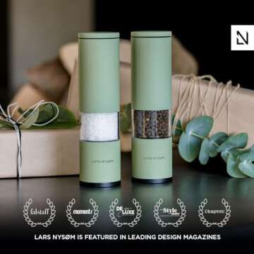 LARS NYSØM Salt and Pepper Grinder Set 2 pieces I Salt Pepper Mill with Adjustable Ceramic Grinder I Design Spice Grinder Set Manual (Taupe Brown)