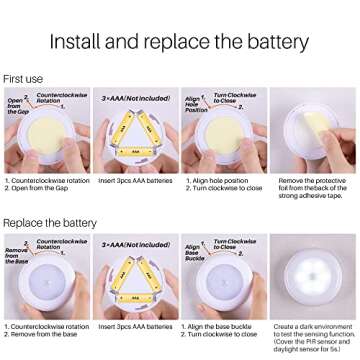 STAR-SPANGLED 6 Pack 2.8” Motion Sensor Lights Indoor AAA Battery Operated, Stick on LED Puck Light for Stairs, Under Cabinet, Closet, Cool White