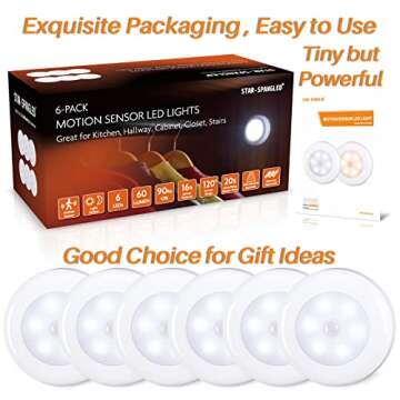 STAR-SPANGLED 6 Pack 2.8” Motion Sensor Lights Indoor AAA Battery Operated, Stick on LED Puck Light for Stairs, Under Cabinet, Closet, Cool White