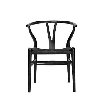 Polynices Wishbone Chair, Solid Wood Weave Armchairs Chair Mid-Century Y Shaped Backrest Dining Chairs Set of 2 Black.