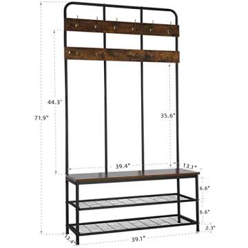 QCen Entryway Bench with Coat Rack,Shoe Rack Storage Shelf Organizer Industrial Hall Tree 72 Inch with Storage Bench 12 Hooks, Wood Look Accent Furniture with Metal Frame