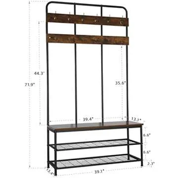 QCen Entryway Bench with Coat Rack,Shoe Rack Storage Shelf Organizer Industrial Hall Tree 72 Inch with Storage Bench 12 Hooks, Wood Look Accent Furniture with Metal Frame