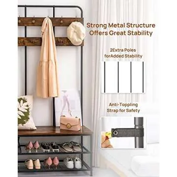QCen Entryway Bench with Coat Rack,Shoe Rack Storage Shelf Organizer Industrial Hall Tree 72 Inch with Storage Bench 12 Hooks, Wood Look Accent Furniture with Metal Frame