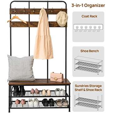 QCen Entryway Bench with Coat Rack,Shoe Rack Storage Shelf Organizer Industrial Hall Tree 72 Inch with Storage Bench 12 Hooks, Wood Look Accent Furniture with Metal Frame