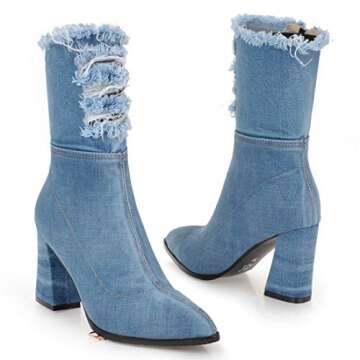 MAVMAX Denim Ankle Boots for Women Pointed Toe Chunky High Heel Western Cowgirl Boots Jeans Denim Bl...