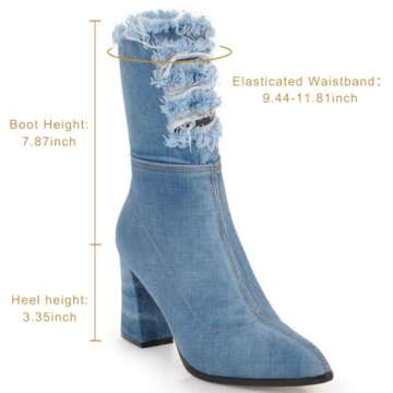 MAVMAX Denim Ankle Boots for Women Pointed Toe Chunky High Heel Western Cowgirl Boots Jeans Denim Blue Short Cowboy Booties Shoes US 8.5, light blue