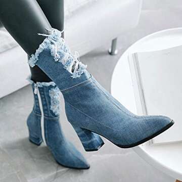 MAVMAX Denim Ankle Boots for Women Pointed Toe Chunky High Heel Western Cowgirl Boots Jeans Denim Blue Short Cowboy Booties Shoes US 8.5, light blue