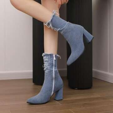 MAVMAX Denim Ankle Boots for Women Pointed Toe Chunky High Heel Western Cowgirl Boots Jeans Denim Blue Short Cowboy Booties Shoes US 8.5, light blue