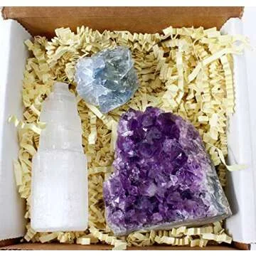 Dancing Bear Amethyst Cluster Cut Base (up to ½ lb), Celestite, & Selenite Tower (3" Tall), Healing Crystal (3 Pc Set) Premium Grade A, Bohemian Home Décor, Natural Good Vibes, Metaphysical Info Cards