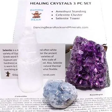 Dancing Bear Amethyst Cluster Cut Base (up to ½ lb), Celestite, & Selenite Tower (3" Tall), Healing Crystal (3 Pc Set) Premium Grade A, Bohemian Home Décor, Natural Good Vibes, Metaphysical Info Cards
