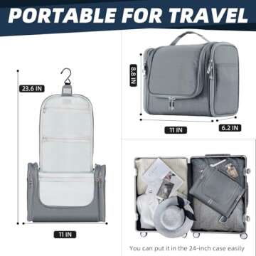 Buruis Large Capacity Toiletry Bag for Women and Men, Hanging Toiletry Organizer Cosmetics Makeup Bag, Water-resistant Dopp Kit Shaving Bags for Full Sized Toiletries, Travel Essentials (Gray)