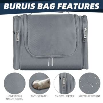 Buruis Large Capacity Toiletry Bag for Women and Men, Hanging Toiletry Organizer Cosmetics Makeup Bag, Water-resistant Dopp Kit Shaving Bags for Full Sized Toiletries, Travel Essentials (Gray)