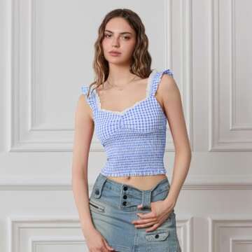 Y2k Plaid Cami Tank Tops for Women Spaghetti Strap Lace Trim Cami Crop Top Cute Gingham Going Out Camisoles(C-Blue Gingham,S)