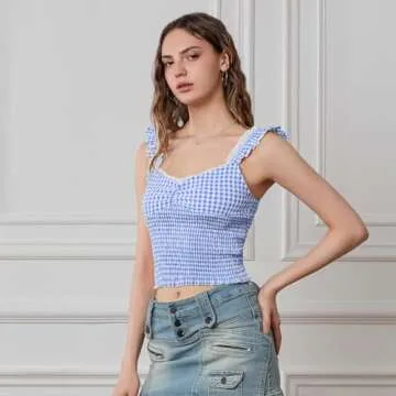 Y2k Plaid Cami Tank Tops for Women Spaghetti Strap Lace Trim Cami Crop Top Cute Gingham Going Out Camisoles(C-Blue Gingham,S)