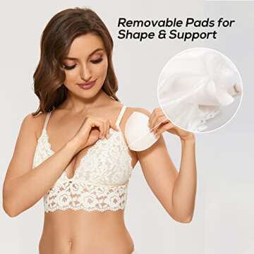 DOBREVA Women's Lace Padded Bralette Plunge Wireless Longline Bra for A to D Cups Ivory (Bra) X-Small