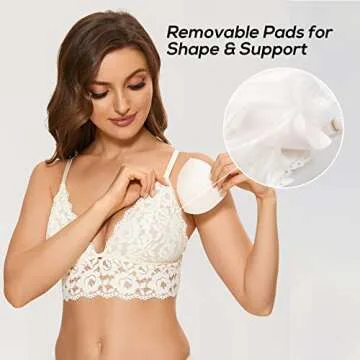 DOBREVA Women's Lace Padded Bralette Plunge Wireless Longline Bra for A to D Cups Ivory (Bra) X-Small