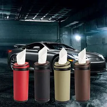 Car Cup Holder Tissues,MoreChioce ABS PU Leather Tissue Dispenser Car Tissue Tube Box Universal Cylinder Napkin Holder Multipurpose Trash Bin for Car Vehicle Bathroom Office,Beige