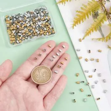 PH PandaHall 356pcs Half Tila Beads, 4.5x2mm Synthetic Hematite Flat Craft Bead 2 Hole Bead Frosted Japanese Loose Spacer Bead for DIY Stackable Jewelry Friendship Bracelet Making, Golden/Platinum