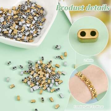 PH PandaHall 356pcs Half Tila Beads, 4.5x2mm Synthetic Hematite Flat Craft Bead 2 Hole Bead Frosted Japanese Loose Spacer Bead for DIY Stackable Jewelry Friendship Bracelet Making, Golden/Platinum