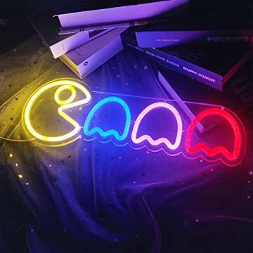 Geeinar Game Neon Sign Ghost Led Neon Lights Neon Signs for Bedroom Wall 17”x6” Retro Arcade Dec...