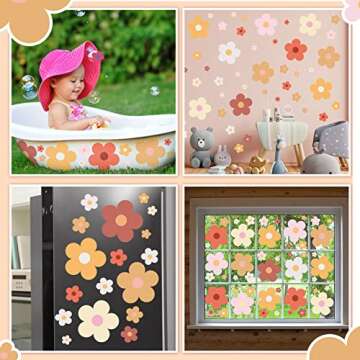 Hotop 128 Pcs Cute Colorful Flowers Wall Decal Y2k Flower Wall Sticker Daisy Sticker Pastel Aesthetic Preppy Hippie Trendy Wall Flowers Decor Boho Colorful Art Decor for Dorm Room(Groovy Retro Hippie)