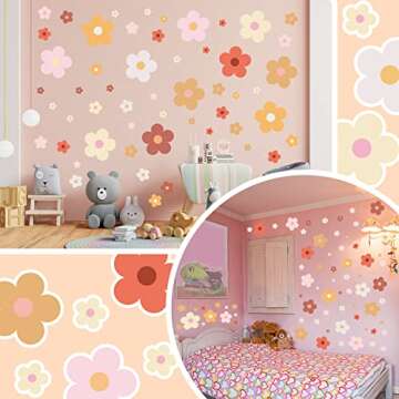 Hotop 128 Pcs Cute Colorful Flowers Wall Decal Y2k Flower Wall Sticker Daisy Sticker Pastel Aesthetic Preppy Hippie Trendy Wall Flowers Decor Boho Colorful Art Decor for Dorm Room(Groovy Retro Hippie)