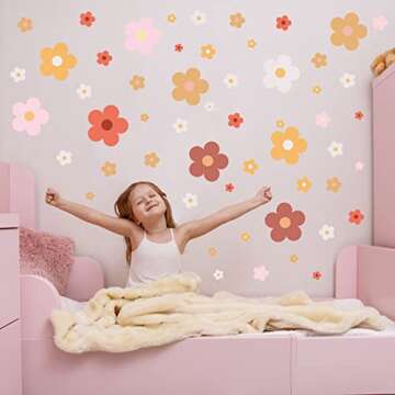 Hotop 128 Pcs Cute Colorful Flowers Wall Decal Y2k Flower Wall Sticker Daisy Sticker Pastel Aesthetic Preppy Hippie Trendy Wall Flowers Decor Boho Colorful Art Decor for Dorm Room(Groovy Retro Hippie)