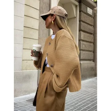 Women's Tweed Jackets Long Sleeve Business Button Down Casual Cropped Blazer with Pockets Camel