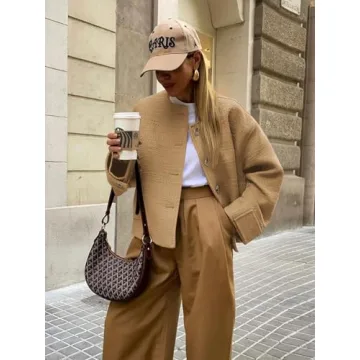 Women's Tweed Jackets Long Sleeve Business Button Down Casual Cropped Blazer with Pockets Camel