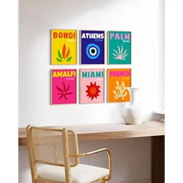 HAUS AND HUES Colorful Framed Wall Art - Set of 6 Trendy Travel Wall Decor, Aesthetic Preppy Room Decor, Travel Decor for Home, Multi Color Around the World Travel Theme (Beige Framed, 8x10)