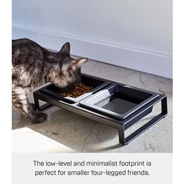 Yamazaki Home Tower Steel and Ceramic Pet Food Stand | 2 Bowls for Food and Water | Feeder for Small Cats and Dogs | Non-Slip - Short - 1.25 Cups, 300 Milliliters Per Bowl, Black
