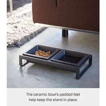 Yamazaki Home Tower Steel and Ceramic Pet Food Stand | 2 Bowls for Food and Water | Feeder for Small Cats and Dogs | Non-Slip - Short - 1.25 Cups, 300 Milliliters Per Bowl, Black