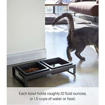 Yamazaki Home Tower Steel and Ceramic Pet Food Stand | 2 Bowls for Food and Water | Feeder for Small Cats and Dogs | Non-Slip - Short - 1.25 Cups, 300 Milliliters Per Bowl, Black