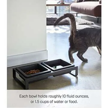 Yamazaki Home Tower Steel and Ceramic Pet Food Stand | 2 Bowls for Food and Water | Feeder for Small Cats and Dogs | Non-Slip - Short - 1.25 Cups, 300 Milliliters Per Bowl, Black